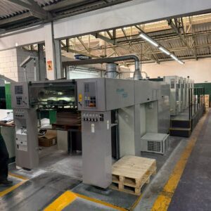 Roland 705+Lv - 2001 74x104cm Verniz Anilox Secador infravermelho RCI Placa automática PPL 15.000 p/h Geladeira Technnotrans